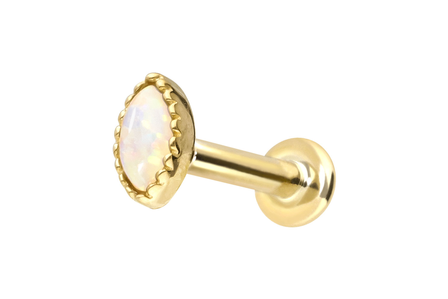 14 Karat Gold Labret Piercing mit Push Fit OVALER SYNTHETISCHER OPAL